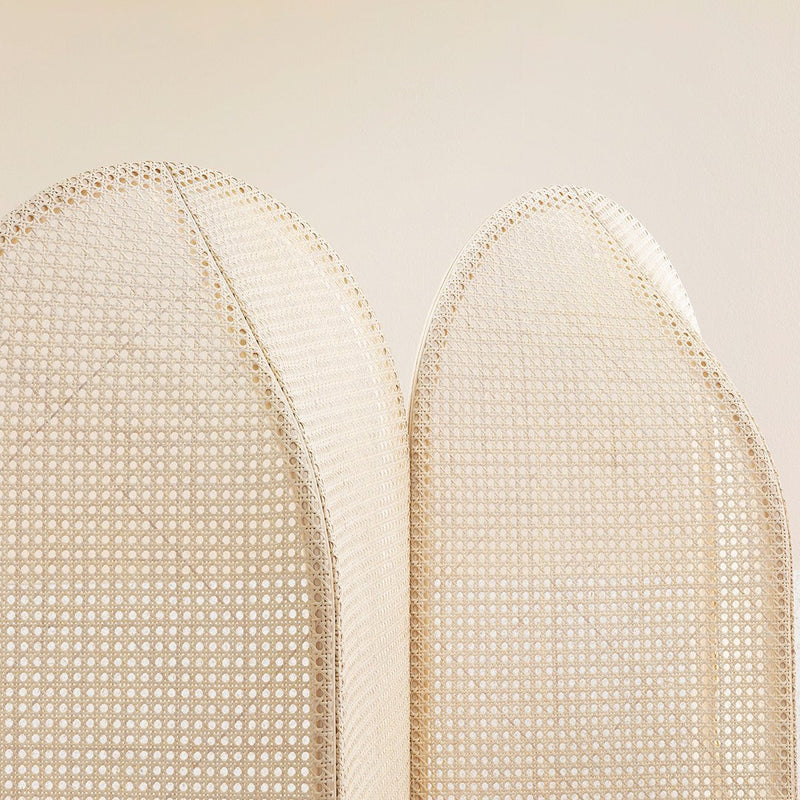 Beige woven rattan panels with subtle patterns and rounded edges for a modern, airy aesthetic.
