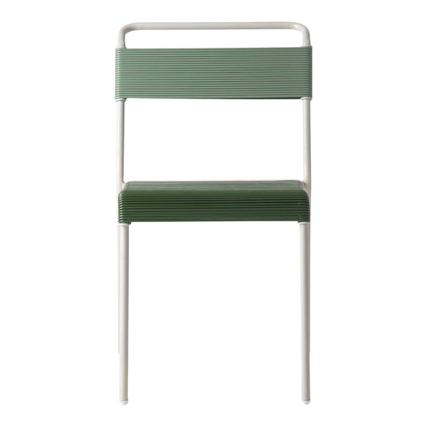 Green striped chair with a sleek white metal frame, ideal for modern decor.