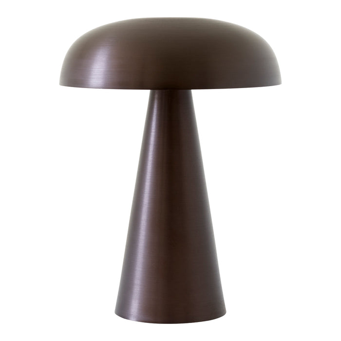 Modern brown table lamp with a sleek, conical base and rounded shade, featuring a matte finish for a contemporary look.