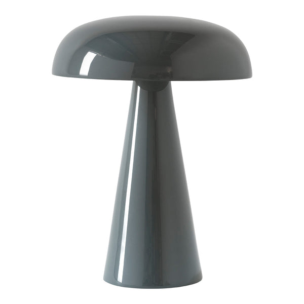 Gray modern table lamp with a sleek, glossy finish and minimalist design. Perfect for contemporary decor.