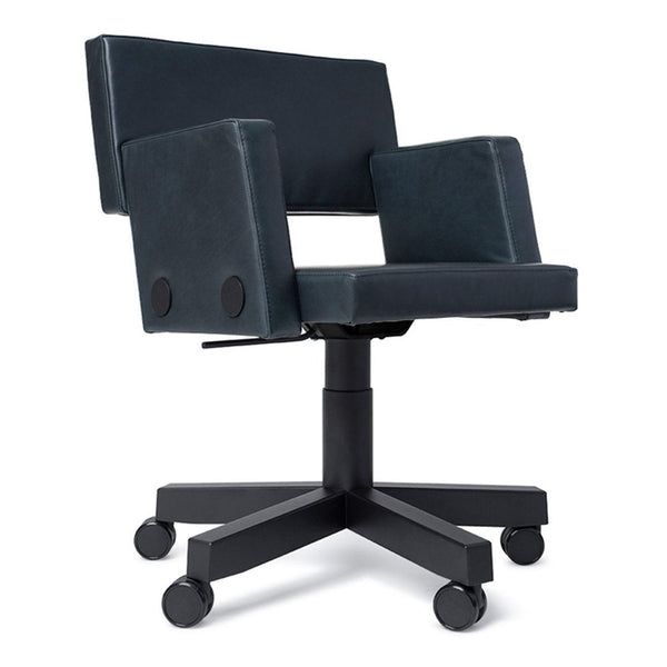 Contemporary black swivel chair with a sleek, smooth fabric finish and geometric design elements.