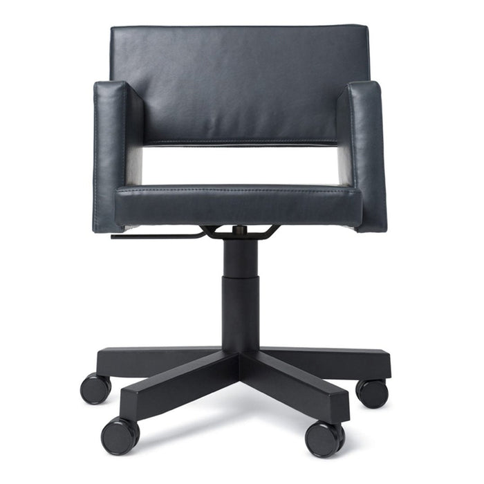 Modern black leather office chair with a sleek design and minimalist pattern, featuring a sturdy wheeled base.