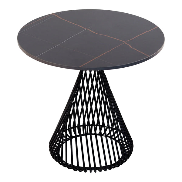 Black round table with gold veining and a wireframe cone base, featuring a modern geometric pattern.