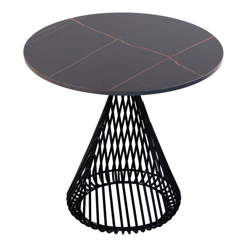 Black round table with gold veining and a wireframe cone base, featuring a modern geometric pattern.