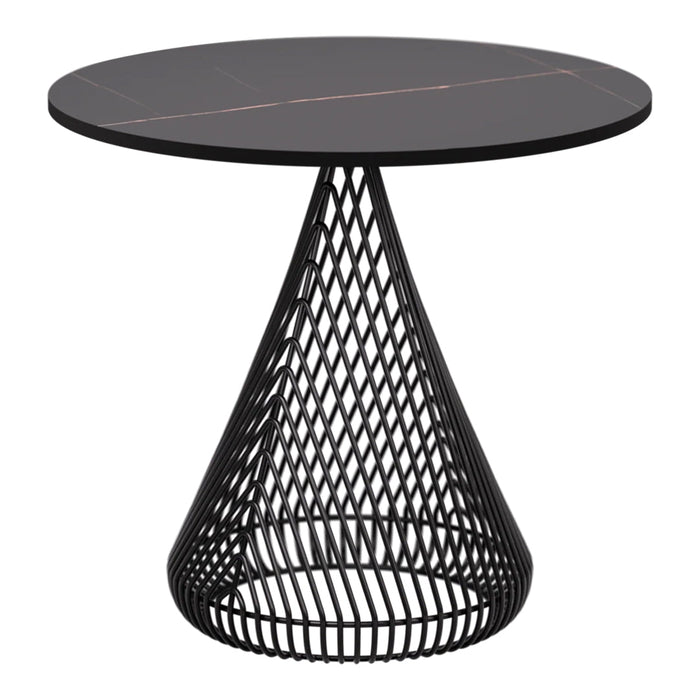Black wireframe table with a round top featuring a subtle striped pattern. Modern and minimalist design.