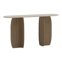 Natural wood console table with a light-colored stone top and curved, minimalist design. Perfect for modern decor.