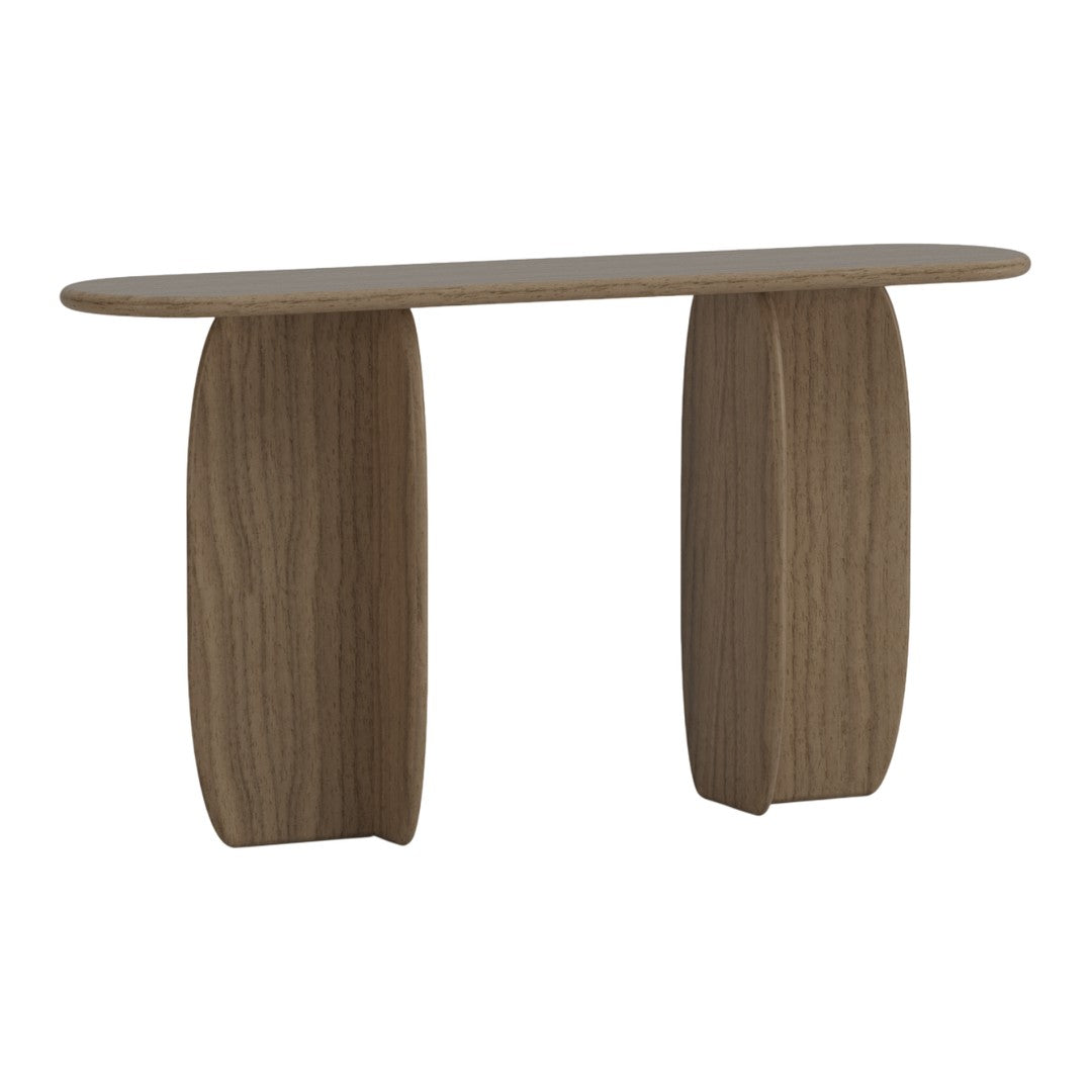 Light brown wooden console table with smooth, curved edges and a minimalist design. Elegant and modern aesthetic.
