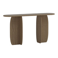 Light brown wooden console table with smooth, curved edges and a minimalist design. Elegant and modern aesthetic.