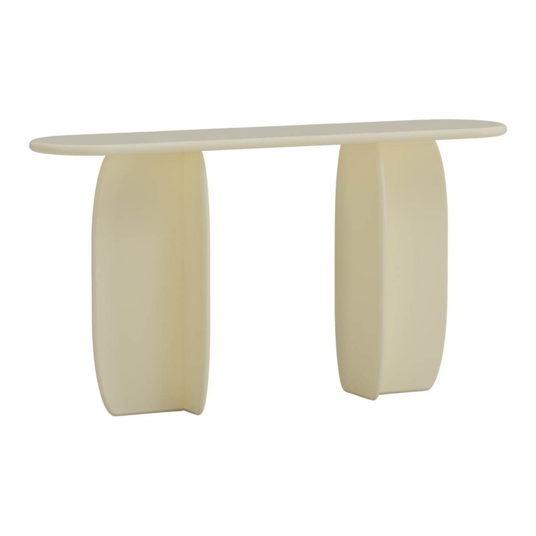 Light beige console table with smooth, curved surfaces and a minimalist design. Perfect for modern decor.