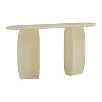 Light beige console table with smooth, curved surfaces and a minimalist design. Perfect for modern decor.