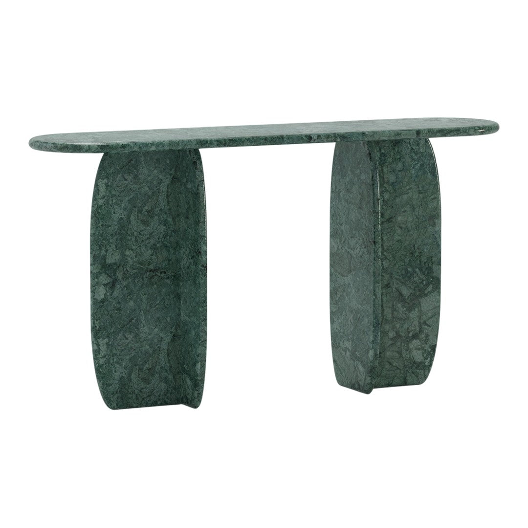"Green marble console table with a smooth, glossy surface and unique natural stone patterns."