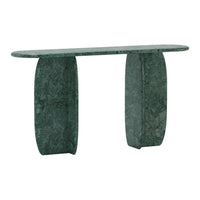 "Green marble console table with a smooth, glossy surface and unique natural stone patterns."