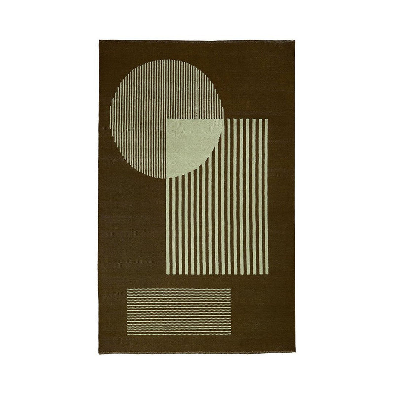 "Brown rug with geometric patterns, featuring a circle, vertical stripes, and horizontal lines in muted green."