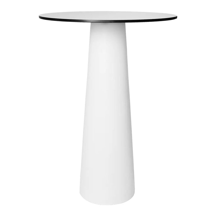 Minimalist white table with a sleek black edge, featuring a contemporary cone-shaped base. Ideal for modern decor.