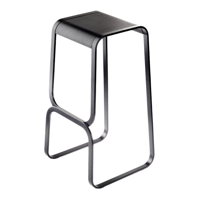 Black metal stool with a sleek, minimalist design and clean lines, perfect for modern decor.