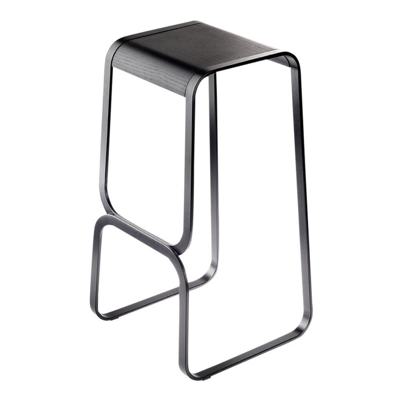 Sleek black metal bar stool with a smooth finish and minimalistic design, perfect for modern decor.
