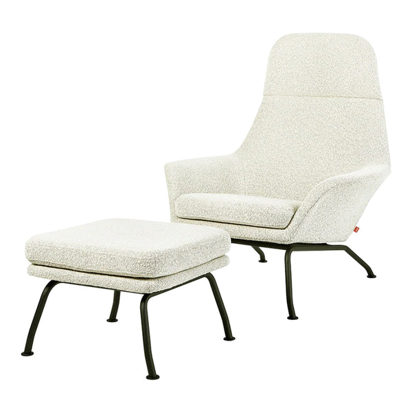 Cream-colored chair and ottoman set with a textured, cozy fabric and sleek black metal legs. Perfect for modern decor.