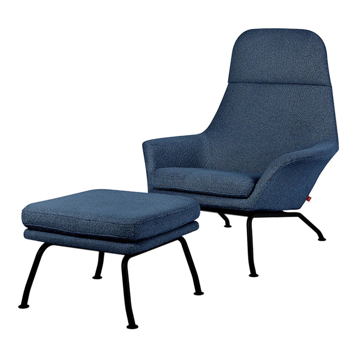 Cozy blue upholstered lounge chair with matching ottoman, featuring a textured fabric and sleek black metal legs.