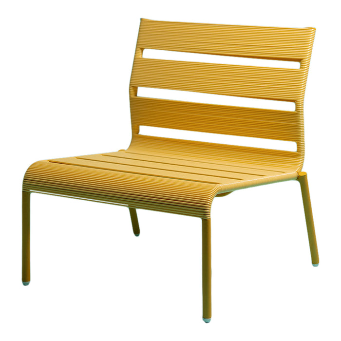 Bright yellow lounge chair with horizontal slats and a modern design. Perfect for adding a pop of color to any space.