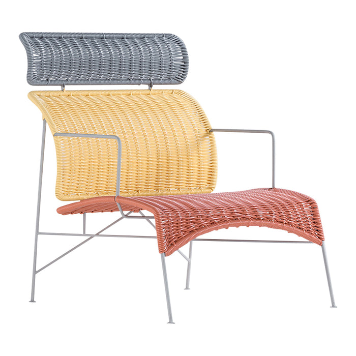 Stylish chair featuring a yellow, grey, and coral woven pattern with sleek metal legs. Perfect for modern decor.