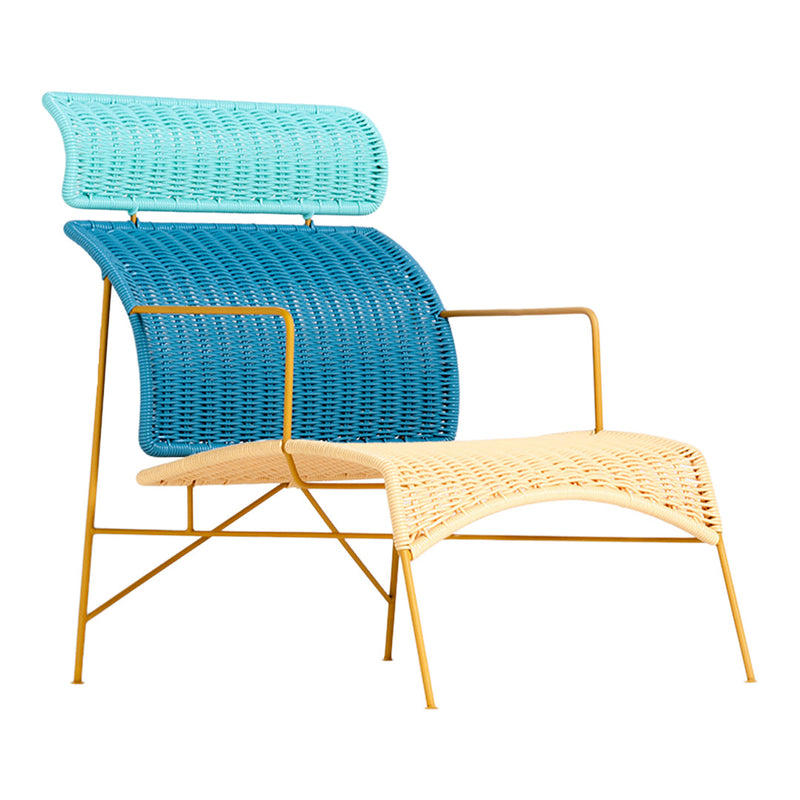 Modern chair in teal and blue wicker with a beige seat, featuring a sleek gold metal frame. Stylish color contrast and patterns.