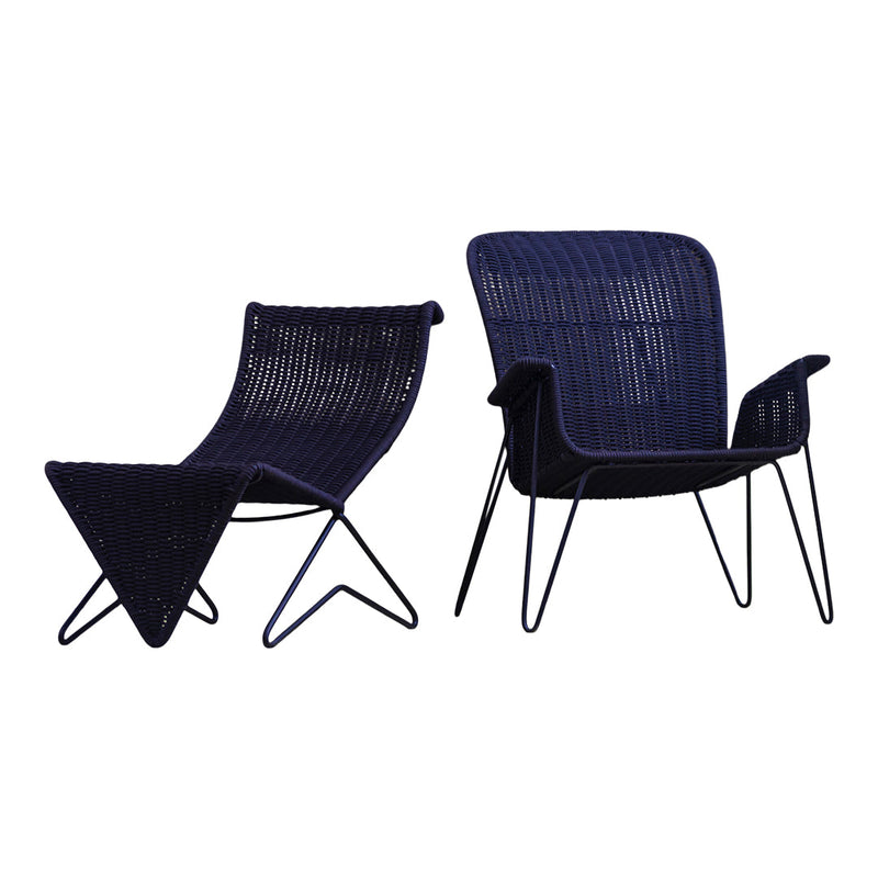 "Navy blue woven chairs with modern patterns and sleek black metal bases for stylish indoor or outdoor seating."