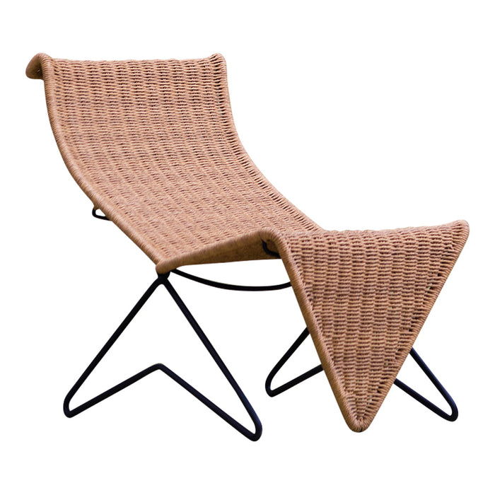 Stylish tan woven chair with an elegant curved design and black metal frame. Perfect for contemporary decor.