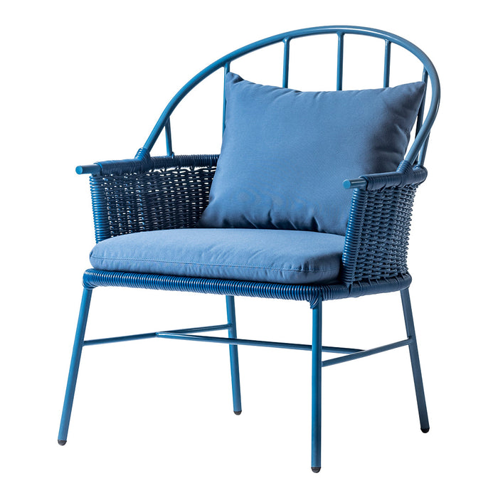 Blue wicker chair with a soft, matching cushion, featuring a modern, minimal design perfect for outdoor decor.
