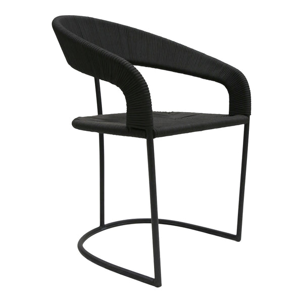 Black woven chair with a sleek metal base, featuring a contemporary curved design and smooth texture.