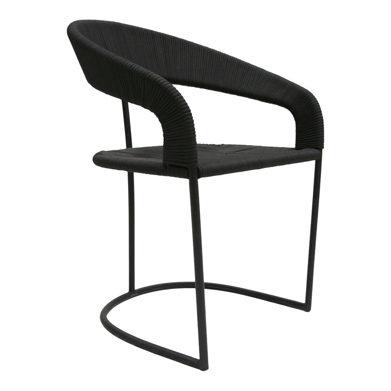 Black woven chair with a sleek metal base, featuring a contemporary curved design and smooth texture.