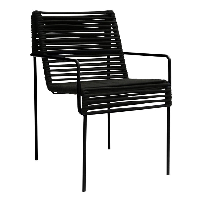 Black striped outdoor chair with a modern, minimalist design and sleek metal frame. Perfect for stylish patio seating.