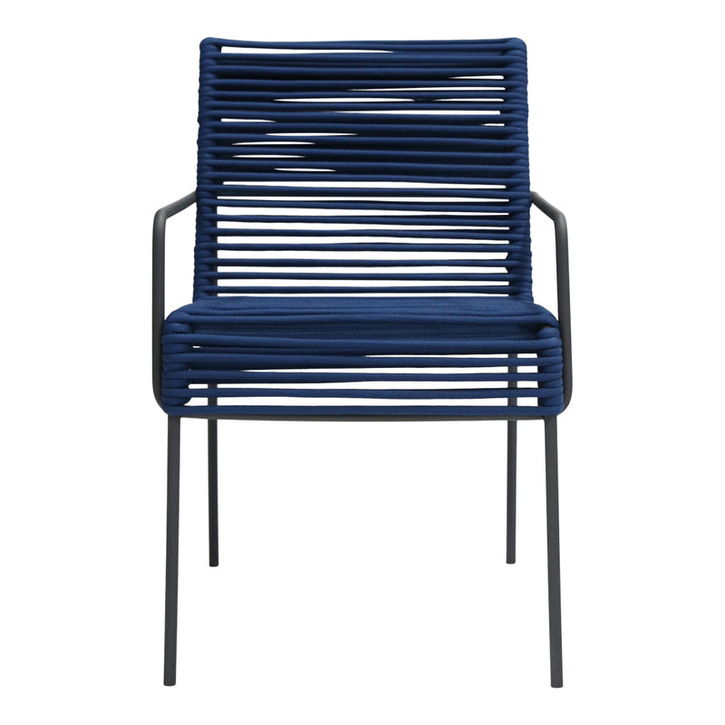 Navy blue striped patio chair with a modern design and sleek black metal frame. Ideal for outdoor spaces.