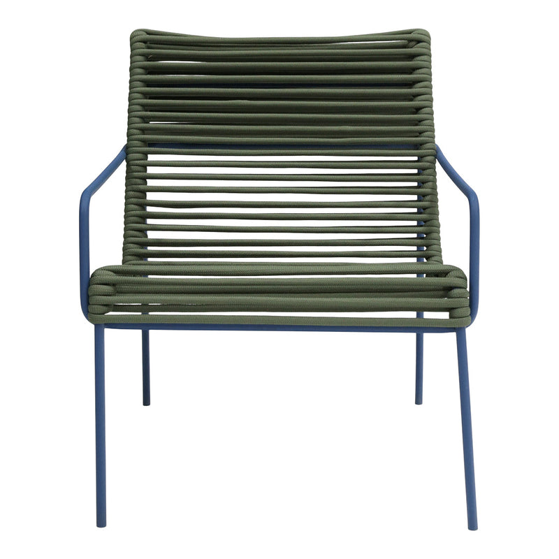 Green striped chair with blue metal frame, featuring a modern, sleek design and vibrant color contrast.