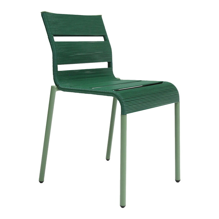 Green outdoor chair with horizontal slats, featuring a two-tone design in dark and light green hues.