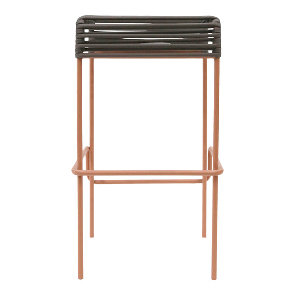 Black and copper bar stool with sleek, modern lines and a slatted seat design. Perfect for contemporary decor.