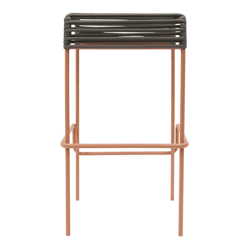 Black and copper bar stool with sleek, modern lines and a slatted seat design. Perfect for contemporary decor.