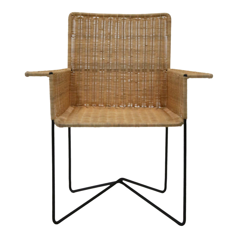 Natural woven rattan chair with a minimalist black metal frame, showcasing a textured pattern in earthy tones.