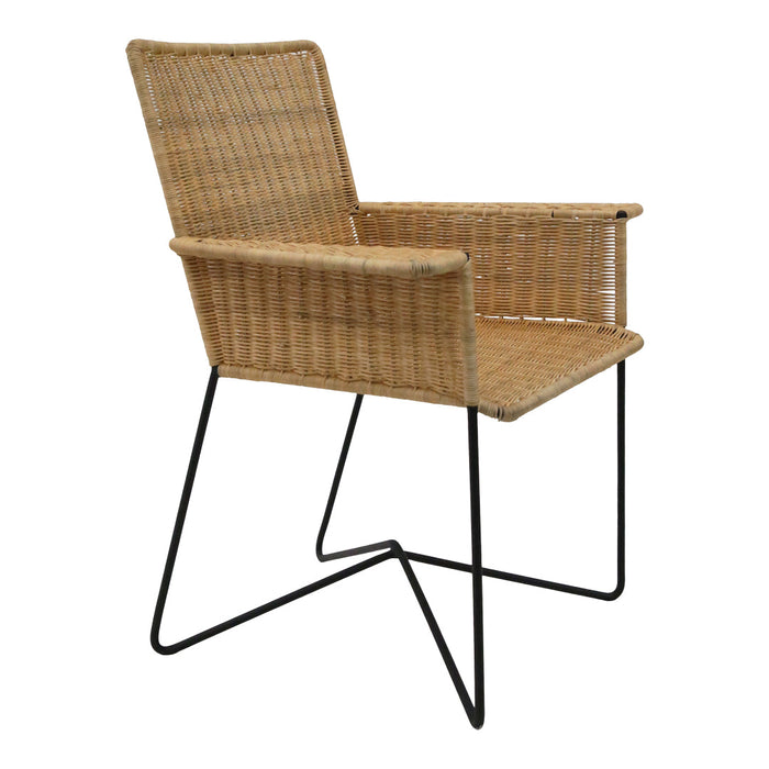 Natural woven rattan chair with a minimalist black metal frame and a textured pattern for a modern aesthetic.