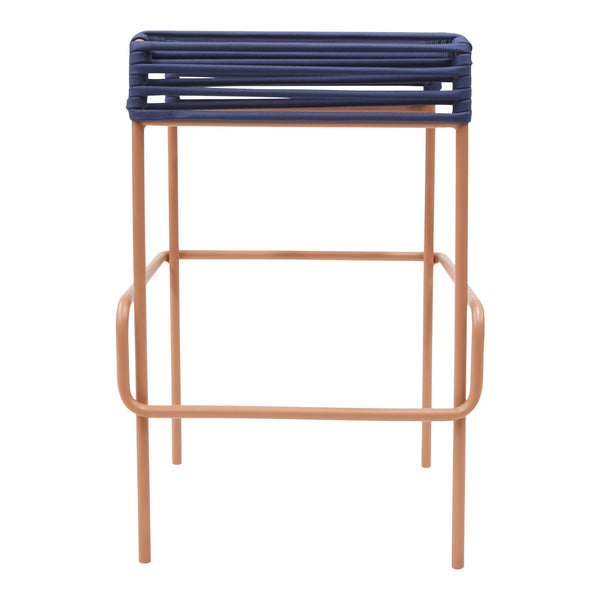 Navy blue slatted top with a copper-colored metal frame, modern design, perfect for stylish decor.