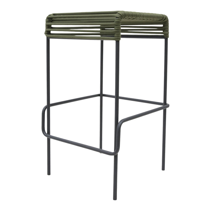 Olive green top with slatted design, black metal frame, modern and sleek bar stool.