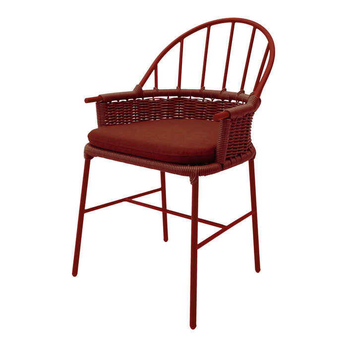 Red woven chair with a sleek design and a matching cushion, featuring a minimalistic pattern and elegant lines.