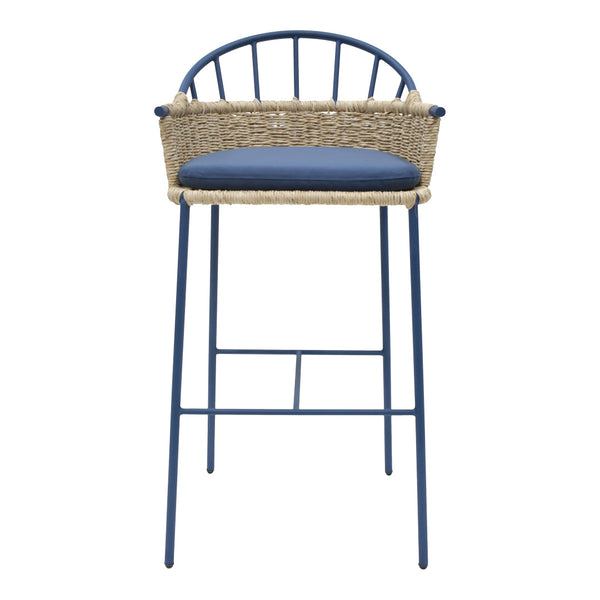 Blue metal bar stool with woven rattan seat and navy cushion, featuring a sleek, modern design.