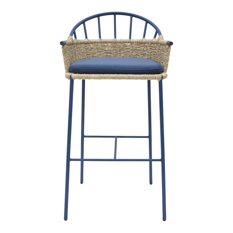 Blue metal bar stool with woven rattan seat and navy cushion, featuring a sleek, modern design.