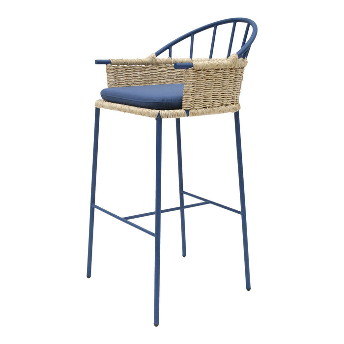 Blue and natural woven bar stool with a modern design and stylish patterned seat cushion. Perfect for any decor.