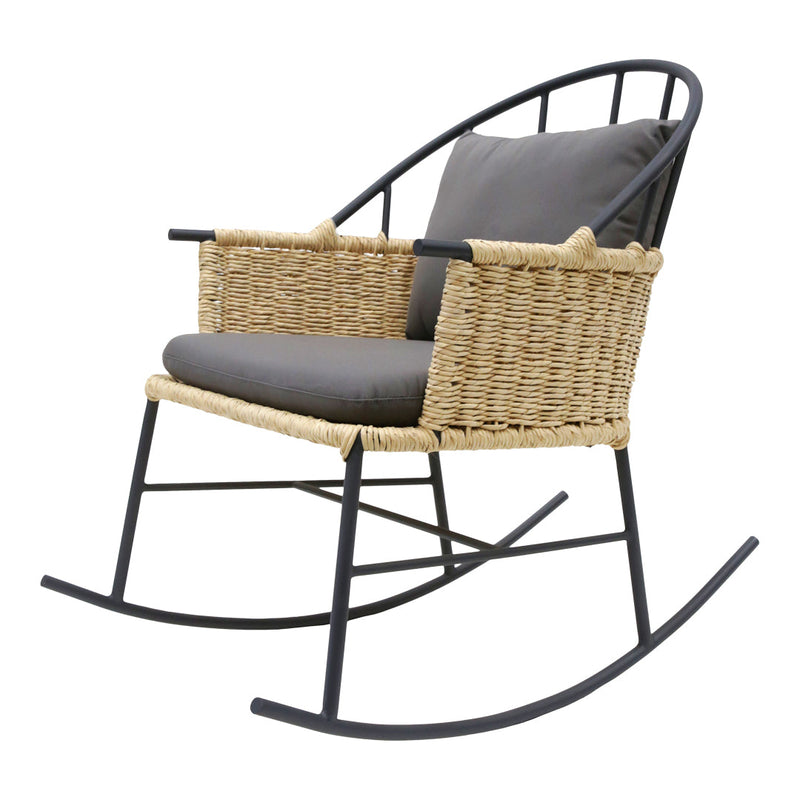 Gray cushion on a woven rattan rocking chair with black metal frame and curved backrest. Modern and stylish design.