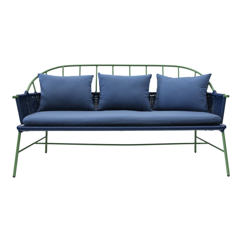 "3-seater sofa with a green metal frame and dark blue cushions, featuring a woven pattern on the backrest."