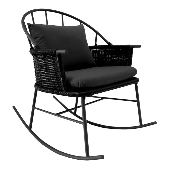 Black wicker rocking chair with sleek black cushions for a modern, minimalist look. Perfect for style and comfort.