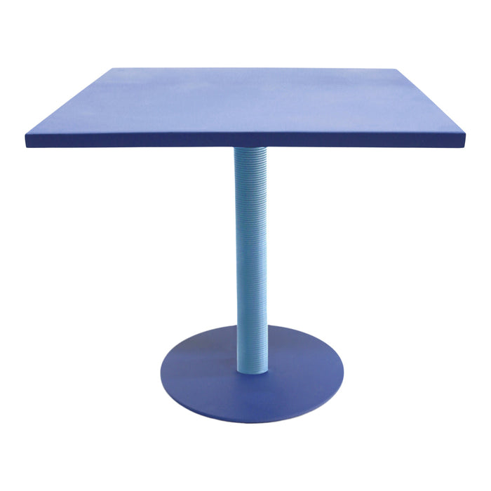Square blue table with a solid blue top and a cylindrical light blue base, featuring a modern minimalist design.