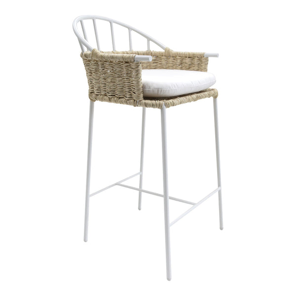 White metal bar stool with woven natural fiber accents and a cushioned light fabric seat.