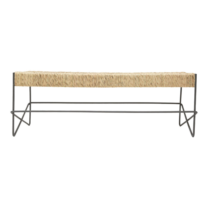 Natural beige seating with a textured, woven cushion and sleek black metal frame. Stylish and modern design.